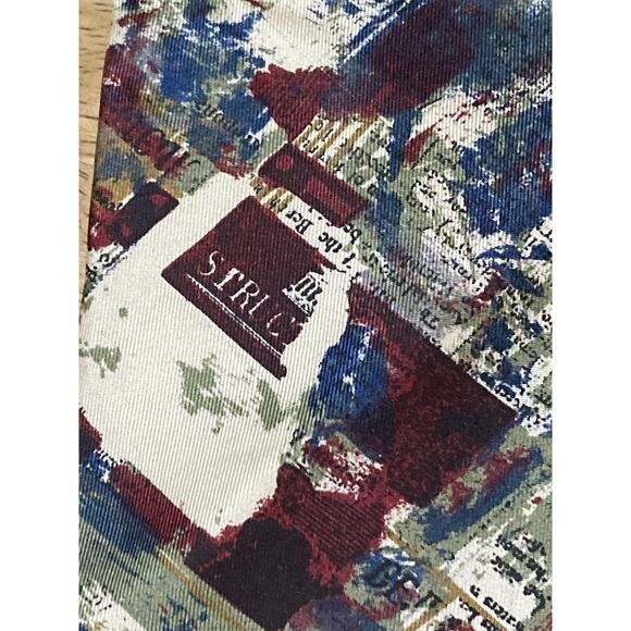 Structure VTG Abstract Olive Green Blue Dark Red White 100% Silk Tie - Picture 2 of 6